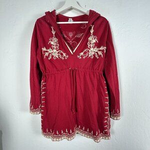 Lucky Brand Womens Red Embroidered Hooded Tunic Top Large Long Sleeve Pullover